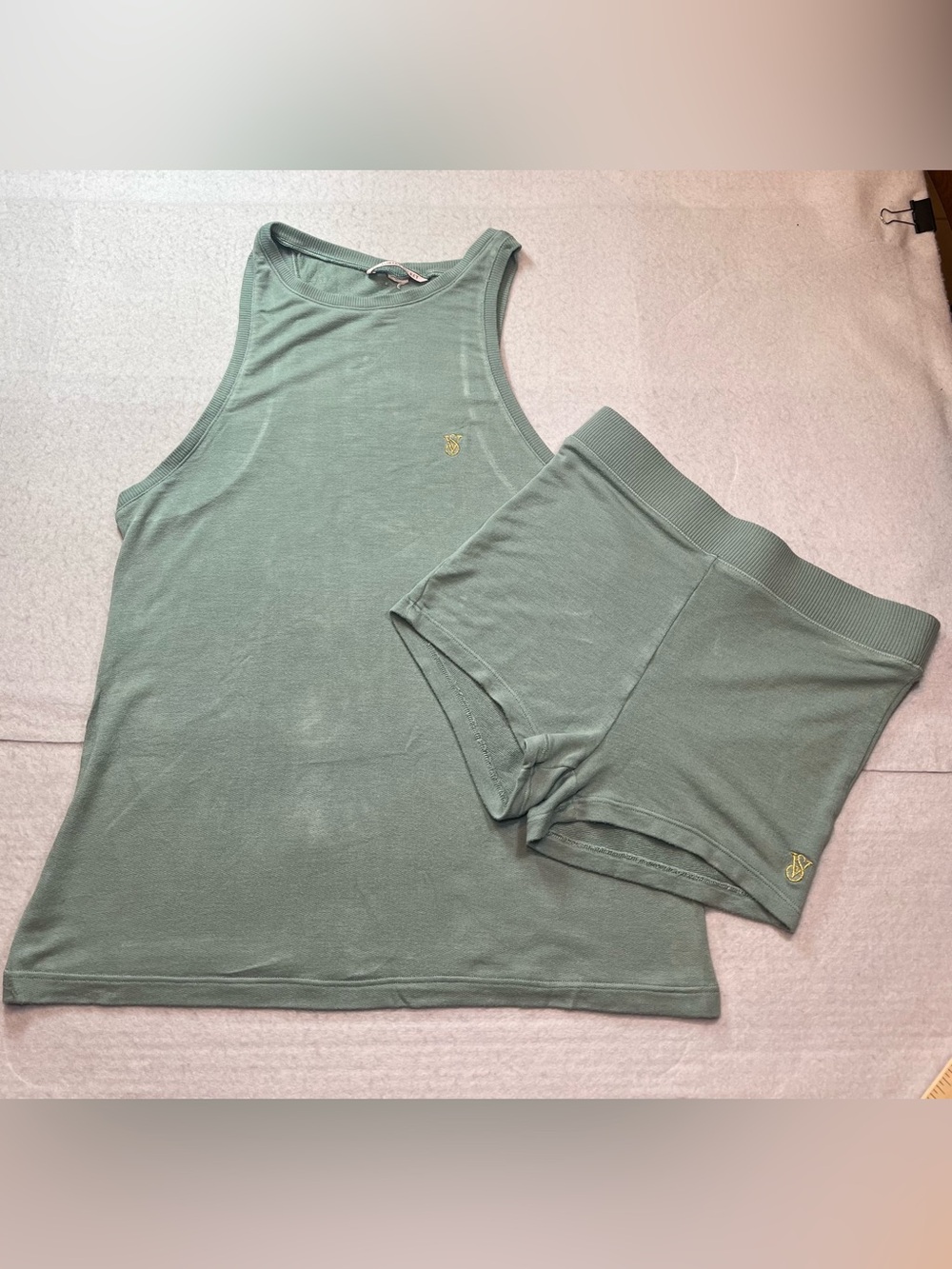 Victoria's Secret Womens 2Pc Ribbed Modal Lounge Tank&Shorts Set,Sage Green, noX